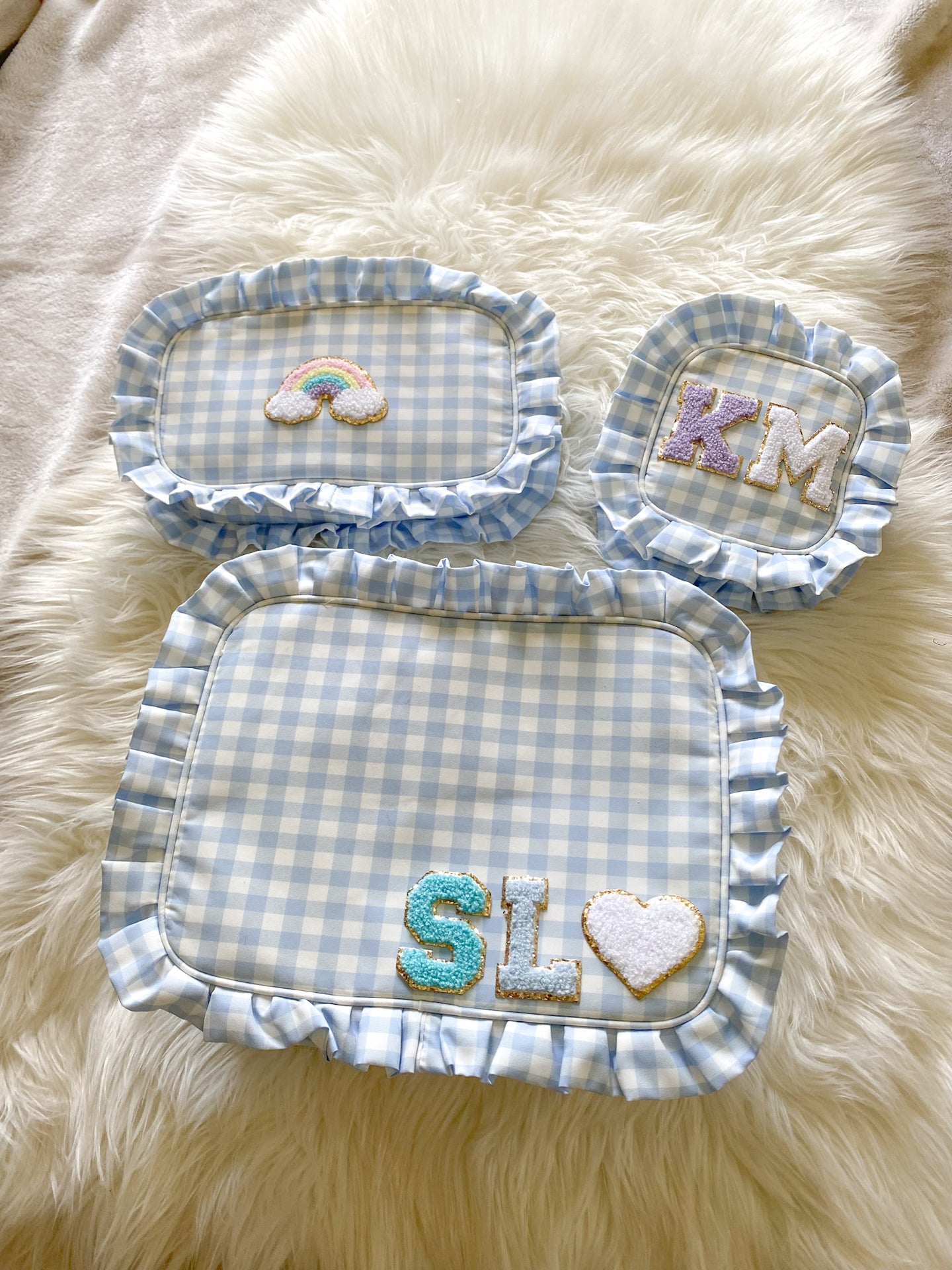 blue ruffle gingham makeup bag set personalized gift idea